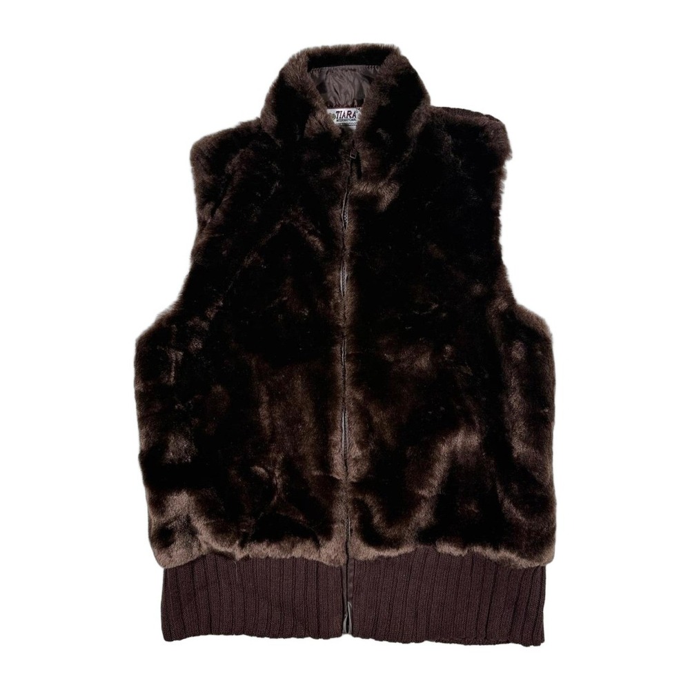 Tiara International Brown Faux Fur Knit Vest Full Zip Collar Size L Womens